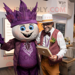 Lavender Beet mascot costume character dressed with a Oxford Shirt and Watches