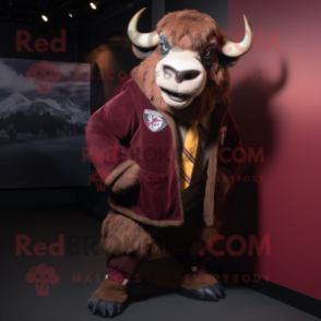 Maroon Buffalo mascot costume character dressed with a Parka and Bow ties