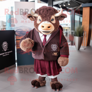 Maroon Buffalo mascot costume character dressed with a Parka and Bow ties