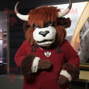 Maroon Buffalo mascot costume character dressed with a Parka and Bow ties