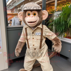Beige Monkey mascot costume character dressed with a Dungarees and Hats
