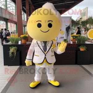Cream Lemon mascot costume character dressed with a Blazer and Earrings