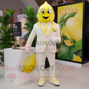 Cream Lemon mascot costume character dressed with a Blazer and Earrings