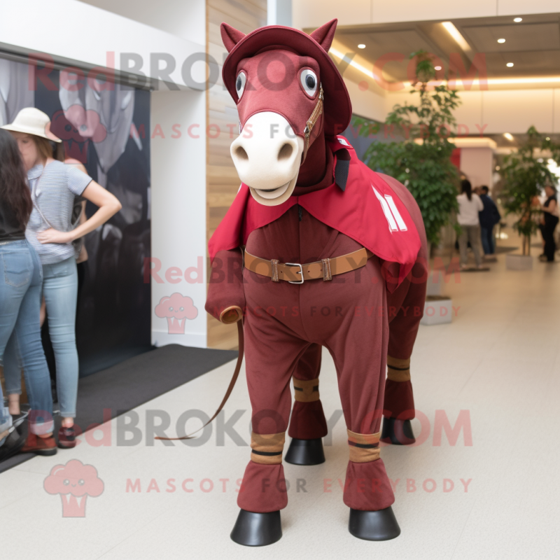 Maroon Horse mascot costume character dressed with a Trousers and Belts