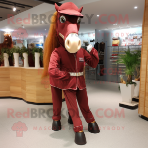 Maroon Horse mascot costume character dressed with a Trousers and Belts