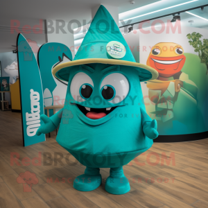 Teal Tacos mascot costume character dressed with a One-Piece Swimsuit and Hats