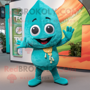 Teal Tacos mascot costume character dressed with a One-Piece Swimsuit and Hats