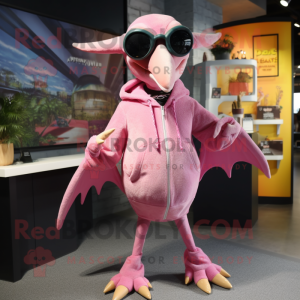 Pink Pterodactyl mascot costume character dressed with a Sweater and Sunglasses