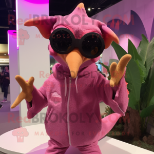 Pink Pterodactyl mascot costume character dressed with a Sweater and Sunglasses