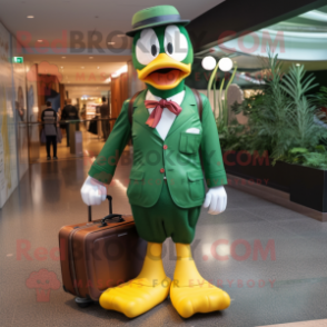 Forest Green Geese mascot costume character dressed with a Suit Jacket and Handbags