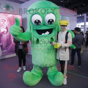 Green Fried Calamari mascot costume character dressed with a Trousers and Smartwatches