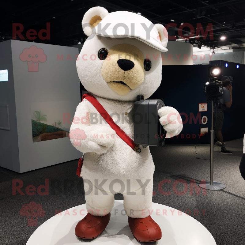 White Camera mascot costume character dressed with a Corduroy Pants and Beanies White Camera mascot costume character dressed with a Corduroy Pants and Beanies