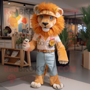Peach Tamer Lion mascot costume character dressed with a Flare Jeans and Belts