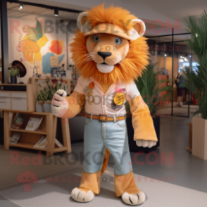 Peach Tamer Lion mascot costume character dressed with a Flare Jeans and Belts