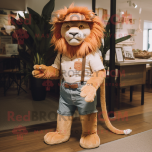 Peach Tamer Lion mascot costume character dressed with a Flare Jeans and Belts