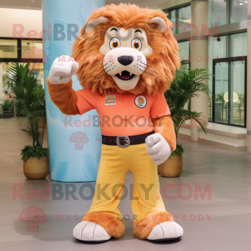 Peach Tamer Lion mascot costume character dressed with a Flare Jeans and Belts