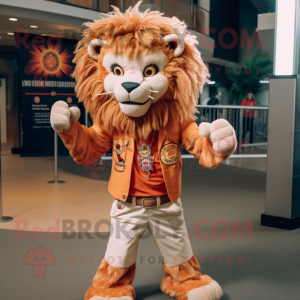 Peach Tamer Lion mascot costume character dressed with a Flare Jeans and Belts