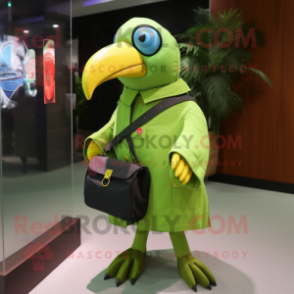 Lime Green Toucan mascot costume character dressed with a Coat and Messenger bags