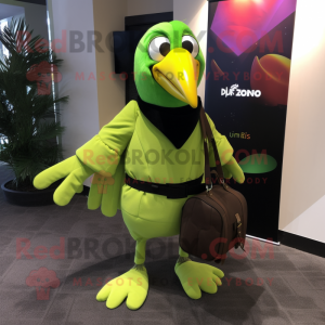 Lime Green Toucan mascot costume character dressed with a Coat and Messenger bags