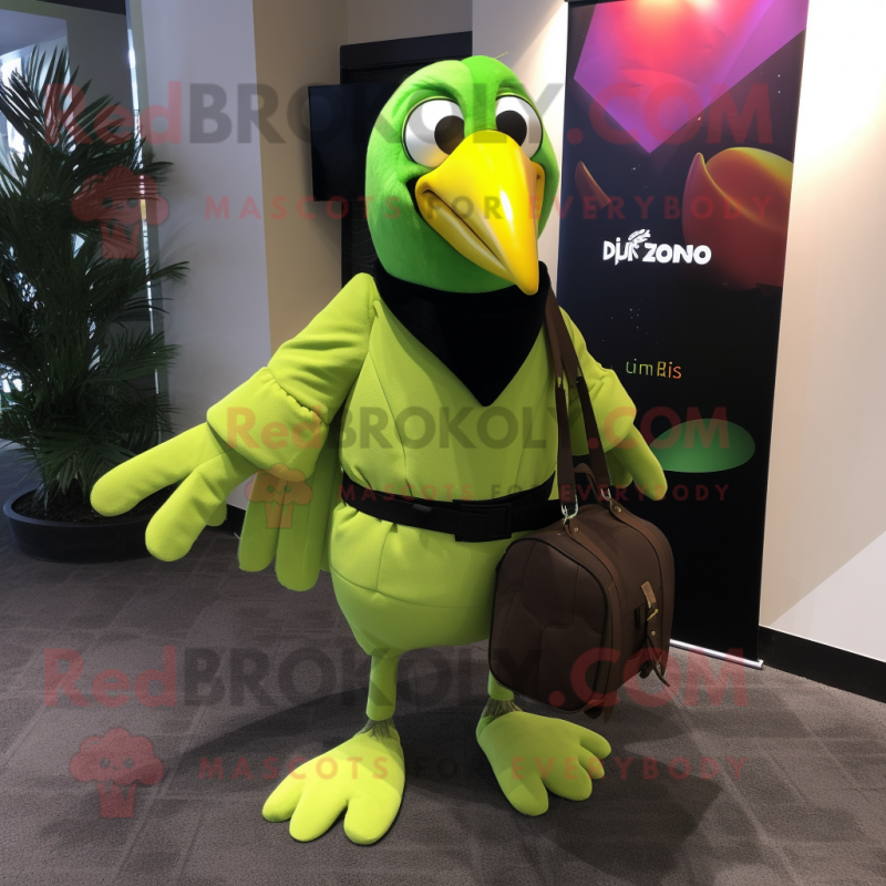 Lime Green Toucan mascot costume character dressed with a Coat and Messenger bags