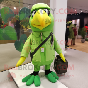 Lime Green Toucan mascot costume character dressed with a Coat and Messenger bags