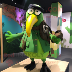 Lime Green Toucan mascot costume character dressed with a Coat and Messenger bags