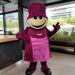 Magenta Moussaka mascot costume character dressed with a Waistcoat and Wraps