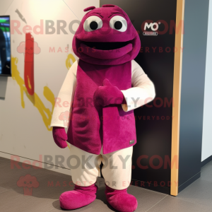 Magenta Moussaka mascot costume character dressed with a Waistcoat and Wraps