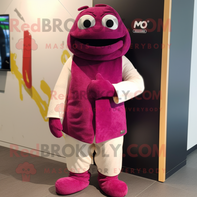 Magenta Moussaka mascot costume character dressed with a Waistcoat and Wraps Magenta Moussaka mascot costume character dressed with a Waistcoat and Wraps