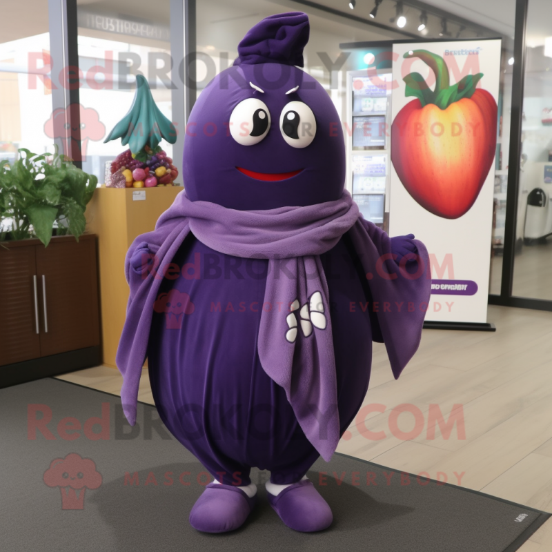 nan Eggplant mascot costume character dressed with a A-Line Skirt and Scarves