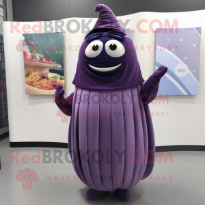 nan Eggplant mascot costume character dressed with a A-Line Skirt and Scarves