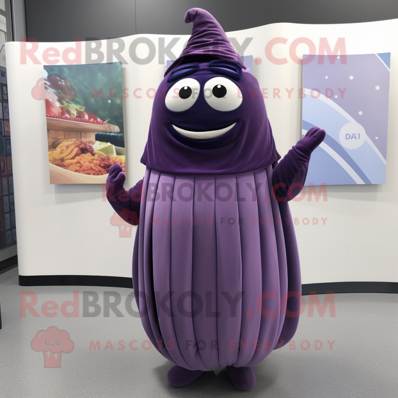 nan Eggplant mascot costume character dressed with a A-Line Skirt and Scarves nan Eggplant mascot costume character dressed with a A-Line Skirt and Scarves