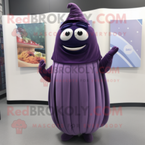 nan Eggplant mascot costume character dressed with a A-Line Skirt and Scarves