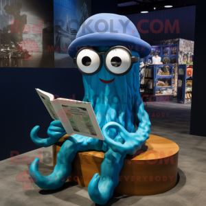 Blue Kraken mascot costume character dressed with a Shorts and Reading glasses