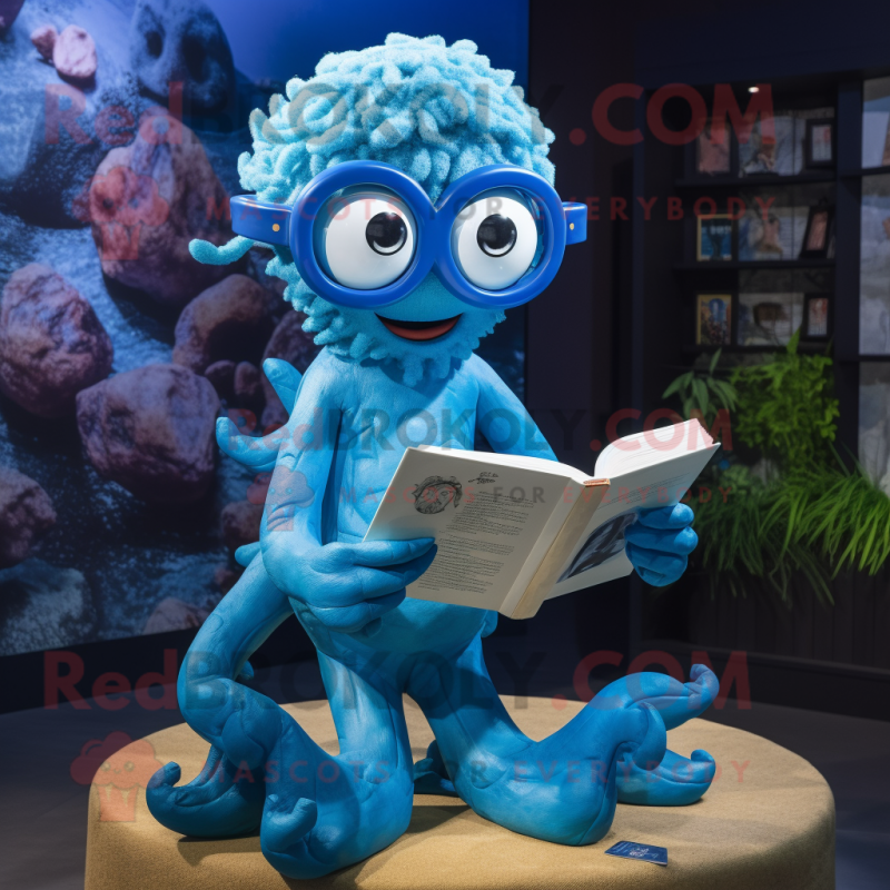 Blue Kraken mascot costume character dressed with a Shorts and Reading glasses