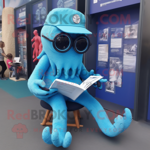 Blue Kraken mascot costume character dressed with a Shorts and Reading glasses