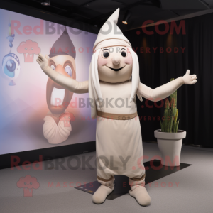 Beige Witch mascot costume character dressed with a Yoga Pants and Headbands