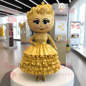 Gold Wedding Cake mascot costume character dressed with a Skirt and Hair clips
