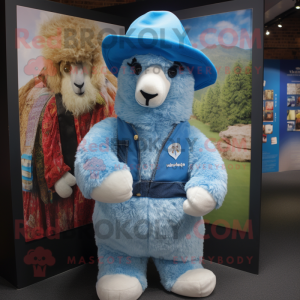 Blue Alpaca mascot costume character dressed with a Playsuit and Beanies