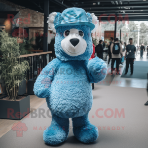 Blue Alpaca mascot costume character dressed with a Playsuit and Beanies