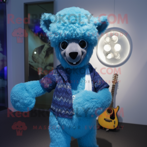 Blue Alpaca mascot costume character dressed with a Playsuit and Beanies