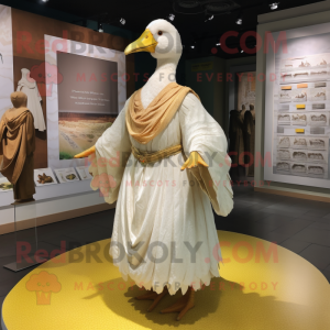 Cream Geese mascot costume character dressed with a Pleated Skirt and Shawls