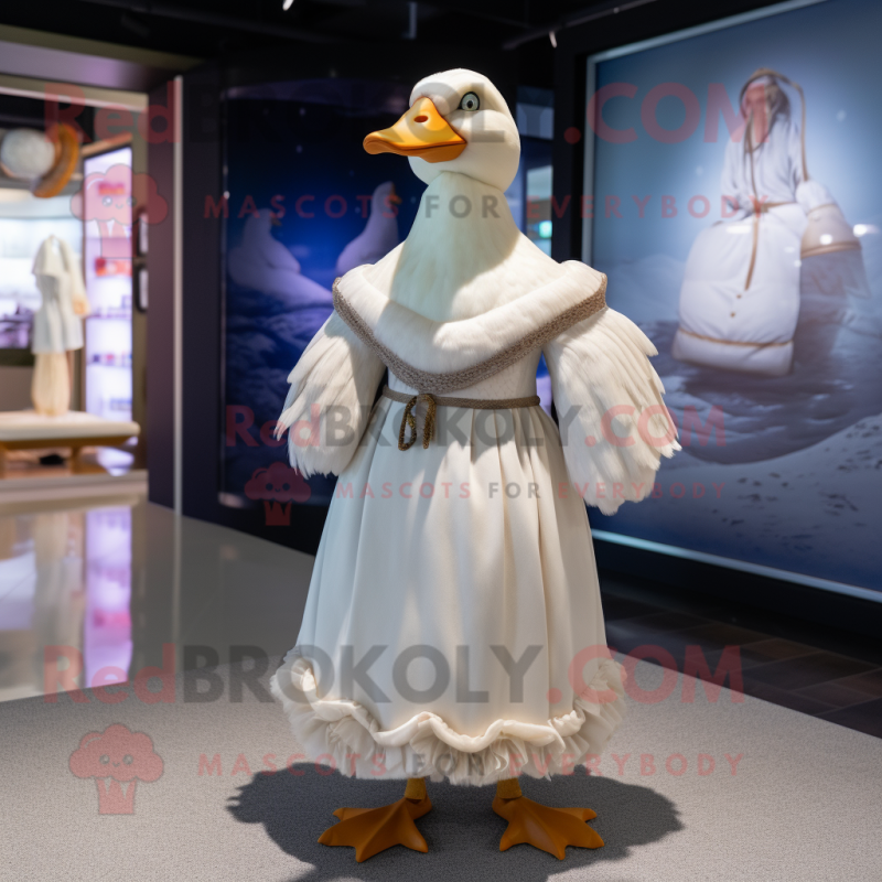 Cream Geese mascot costume character dressed with a Pleated Skirt and Shawls