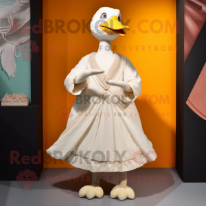 Cream Geese mascot costume character dressed with a Pleated Skirt and Shawls