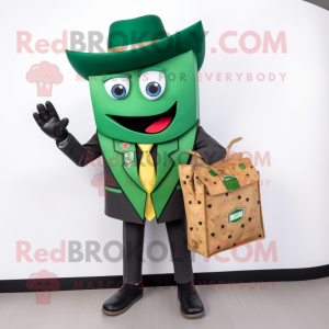 Green Nachos mascot costume character dressed with a Suit Jacket and Wallets