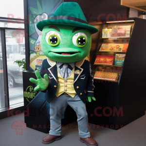 Green Nachos mascot costume character dressed with a Suit Jacket and Wallets