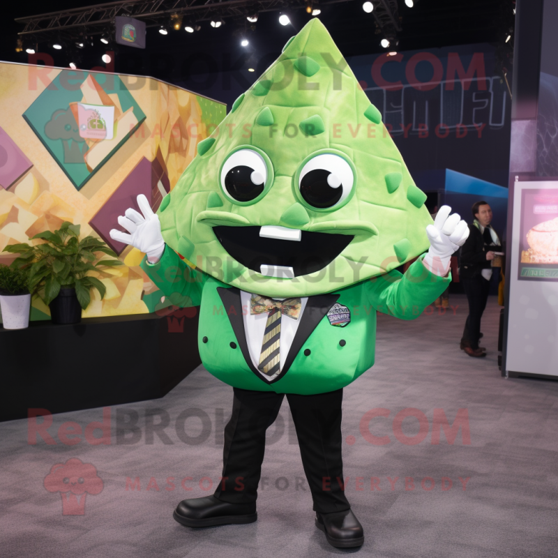 Green Nachos mascot costume character dressed with a Suit Jacket and Wallets