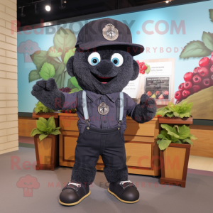 Black Raspberry mascot costume character dressed with a Denim Shorts and Cufflinks