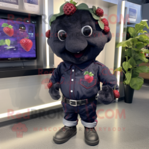 Black Raspberry mascot costume character dressed with a Denim Shorts and Cufflinks