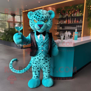 Turquoise Jaguar mascot costume character dressed with a Cocktail Dress and Bow ties